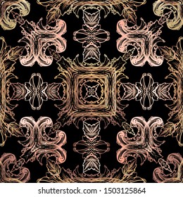 Colorful Baroque seamless pattern. Vector geometric textured background. Floral Damask  ornament in baroque style. Vintage pink flowers, leaves. Grunge texture. Square shapes, frames. Elegant design.