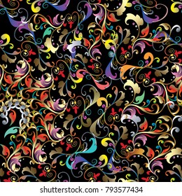 Colorful Baroque seamless pattern. Vector floral damask bright background wallpaper fabric with vintage multicolor flowers, scrolls, leaves, swirls, dots and antique ornaments in victorian style.