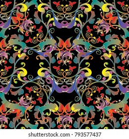 Colorful Baroque seamless pattern. Vector floral damask bright background wallpaper fabric with vintage multicolor flowers, scrolls, leaves, swirls, dots and antique ornaments in victorian style.