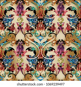 Colorful Baroque vector seamless pattern. Light beige antique background wallpaper. Vintage damask ornament in baroque victorian style. Ornate patterned flowers, leaves, swirls, scrolls. Luxury design