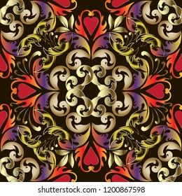 Colorful Baroque vector seamless pattern. Damask ornamental floral background. Vintage flowers, leaves, love hearts, scrolls. Decorative bright ornate design. Antique baroque style old ornaments.