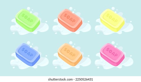 Colorful bars of soap vector illustrations set. Collection of cartoon drawings of soap of different colors for washing hands or body on blue background. Hygiene, cosmetology concept