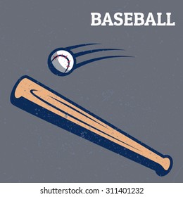 Colorful baseball bat and flying ball on dark background. Vector abstract illustration.