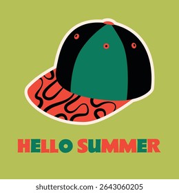 Colorful Baseball Cap Vector Illustration for Summer.  Accompanied by "Hello Summer" text, radiating a fun seasonal vibe.
