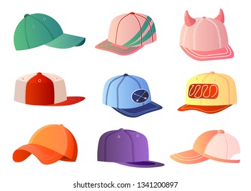 Colorful baseball caps set isolated on white background