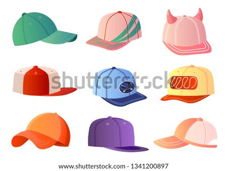 Colorful baseball caps set isolated on white background