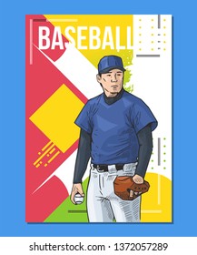 Colorful baseball sport themed poster. Vector illustration of a baseball player on abstract background