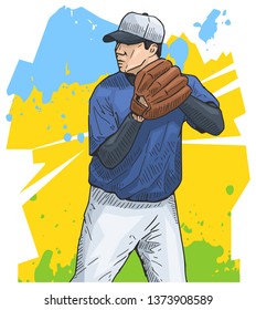 Colorful baseball sport themed poster. Vector illustration of a baseball pitcher on abstract background