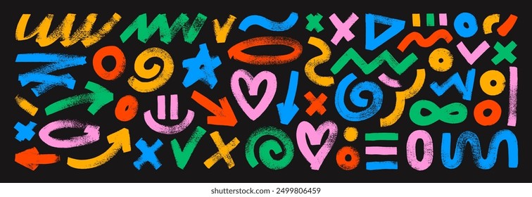 Colorful basic geometric shapes, arrows, brush drawn bold squiggles. Various childish doodle grunge elements. Punk girly style hearts, spirals and naive geometric figures. Vector collage elements.