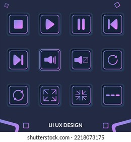 Colorful basic interface luxury icons related to media players like videos and movies for mobile and web apps, buttons, modern style, Vector UI kit, dark
