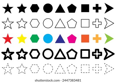 Colorful basic shapes set. Filled and outlined icons. Directional arrows. Vector illustration. EPS 10.