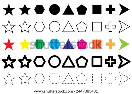 Colorful basic shapes set. Filled and outlined icons. Directional arrows. Vector illustration. EPS 10.