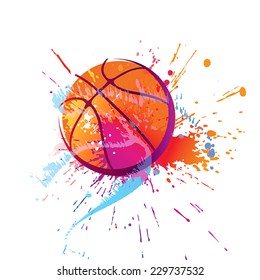 Colorful basket ball with spots and sprays on a white background . Vector illustration.