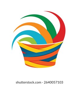 Colorful basket illustration with abstract ribbon design and decorative elements on white background