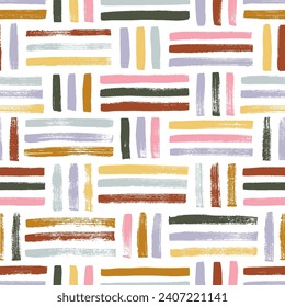 Colorful basket weave abstract vector seamless pattern. Hand drawn stripes with dry brush texture. Colored wallpaper with weave motif. Ethnic linen texture background. Geometric ornament.