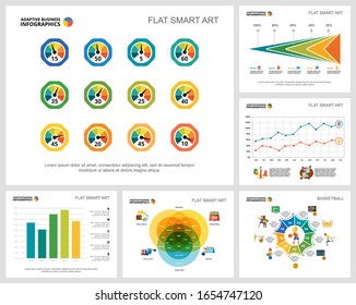 Colorful basketball and finance concept infographic charts set. Business design elements for presentation slide templates. For corporate report, advertising, leaflet layout and poster design.