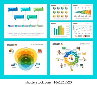 Colorful basketball and finance concept infographic charts set. Business design elements for presentation slide templates. For corporate report, advertising, leaflet layout and poster design.