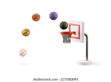 Colorful basketballs collection shot to hoop vector illustration on the white background. Sport color balls isolated design elements.