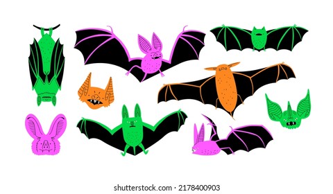 Colorful bat animal cartoon illustration set. Modern scary creature doodle of vampire bats on isolated background. Halloween animals decoration or wildlife concept graphic.