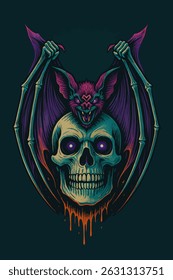 Colorful bat on skull artwork creates a spooky but fun design and mood Perfect for themed graphic design projects.