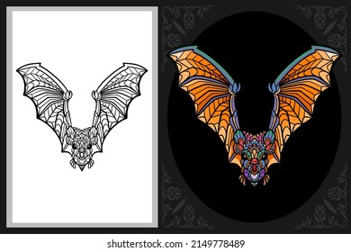 Colorful bat zentangle art with black line sketch isolated on black and white background