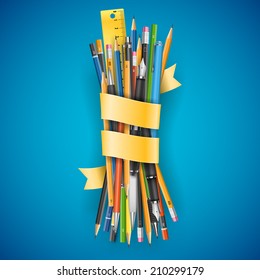 Colorful batch of pencils and pens with  ribbon for your text, vector illustration on blue background.
