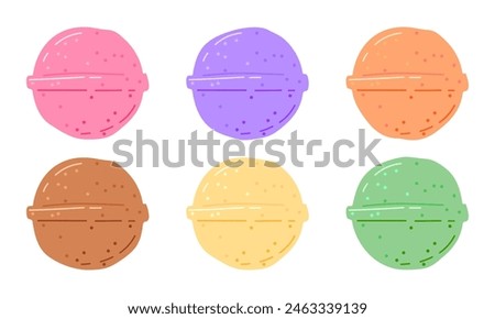 Colorful bath bombs. Set Bath Bomb in hand drawn style. Handmade Spa Soap Cosmetic Collection. Fragrant effervescent bath bombs. Cosmetic bubbling bath ball. Home care