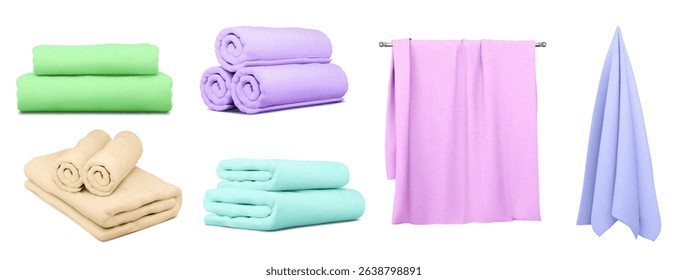 Colorful bath towels collection - green stacked, purple rolled, beige with washcloths, turquoise folded sets, pink hanging on rail, blue draped. Soft cotton textile assortment for spa and home use.