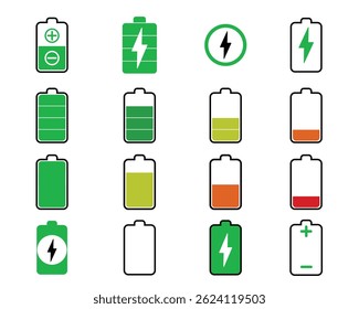 Colorful Battery Charging Icons Collection – Flat Style Energy Symbols for UI Design