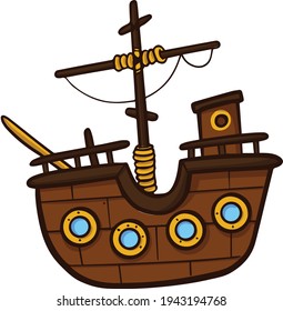 Colorful Battle Pirate Ship Boat with Golden Yellow windows Clipart vector illustration on tranparent backround PNG