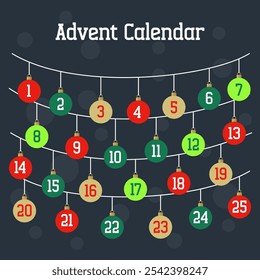Colorful Bauble Advent Calendar with Numbered Ornaments on Dark Background Vector Illustration