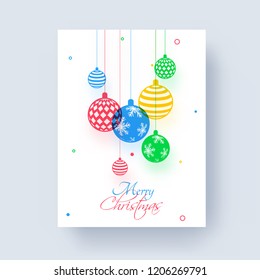 Colorful baubles decorated greeting card design for Merry Christmas celebration.