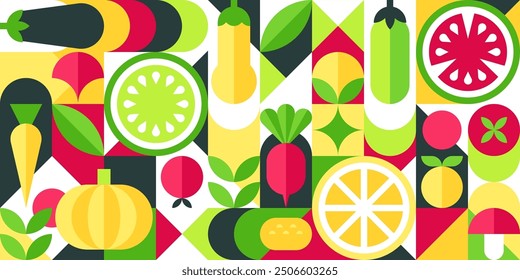 Colorful Bauhaus Fruit and Vegetable Pattern vector illustration