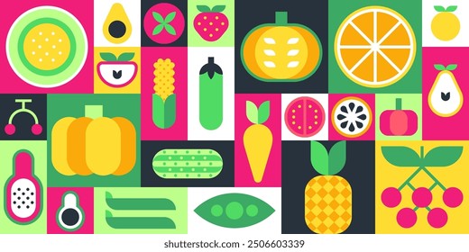 Colorful Bauhaus Fruit and Vegetable Pattern vector illustration