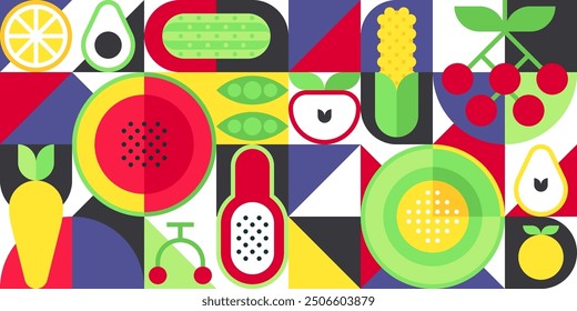 Farbiges Bauhaus Obst- und Gemüsemuster, Vektorgrafik