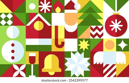 Colorful Bauhaus-Inspired Christmas Pattern with Festive Icons in Red, Green, and Yellow