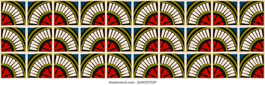 Colorful bauhaus-style abstract geometric pattern. Pop art illustration. op art wallpaper. Japanese Chinese, African, Moroccan pattern. Memphis style. Radius round azulejo, talavera, spanish tiles