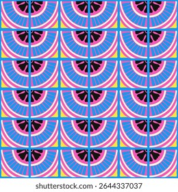 Colorful bauhaus-style abstract geometric pattern. Pop art illustration. op art wallpaper. Japanese Chinese, African, Moroccan pattern. Memphis style. Radius round azulejo, talavera, spanish tiles