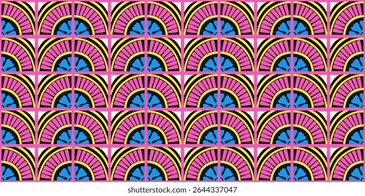 Patrón geométrico abstracto de estilo bauhaus colorido. Ilustración de arte Pop. Fondo de pantalla de arte op. Patrón japonés, chino, africano, marroquí. Al estilo de Memphis. Radio redondo azulejo, talavera, azulejos españoles