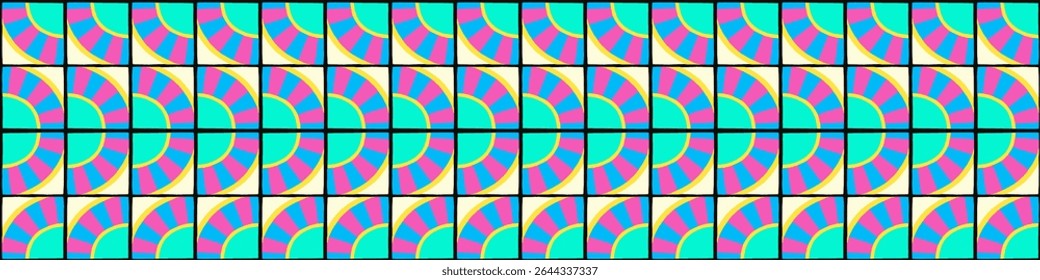 Colorful bauhaus-style abstract geometric pattern. Pop art illustration. op art wallpaper. Japanese Chinese, African, Moroccan pattern. Memphis style. Radius round azulejo, talavera, spanish tiles
