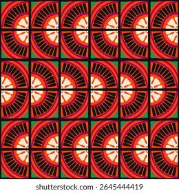 Farbiges abstraktes geometrisches Muster im Bauhaus-Stil. Pop Art Illustration. op art Tapete. japanisches chinesisches, afrikanisches, marokkanisches Muster. Memphis-Stil. Radius round azulejo, talavera, spanische Fliesen