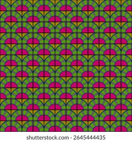Farbiges abstraktes geometrisches Muster im Bauhaus-Stil. Pop Art Illustration. op art Tapete. Rundkachel mit Radius. Japanisch-chinesisches Muster. Memphis-Stil