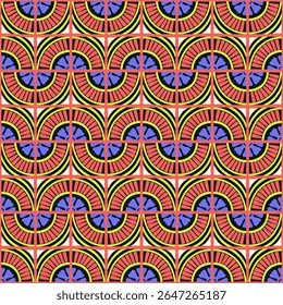 Colorful bauhaus-style abstract geometric pattern. Pop art illustration. op art wallpaper. Japanese Chinese, African, Moroccan pattern. Memphis style. Radius round azulejo, talavera, spanish tiles
