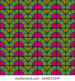 Padrão geométrico abstrato colorido estilo bauhaus. Ilustração da arte pop. papel de parede da arte op. Ladrilho redondo com raio. Padrão chinês japonês. Estilo de Memphis