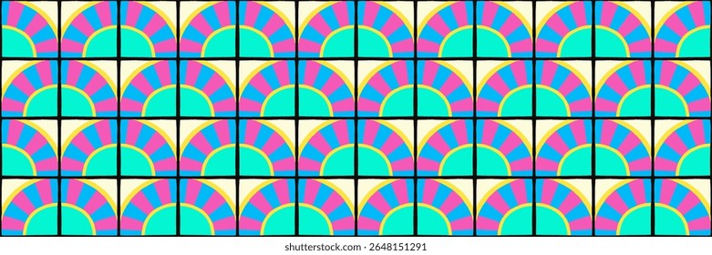 Colorful bauhaus-style abstract geometric pattern. Pop art illustration. op art wallpaper. Japanese Chinese, African, Moroccan pattern. Memphis style. Radius round azulejo, talavera, spanish tiles