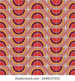 Patrón geométrico abstracto de estilo bauhaus colorido. Ilustración de arte Pop. Fondo de pantalla de arte op. Patrón japonés, chino, africano, marroquí. Al estilo de Memphis. Radio redondo azulejo, talavera, azulejos españoles