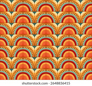 Colorful bauhaus-style abstract geometric pattern. Pop art illustration. op art wallpaper. Japanese Chinese, African, Moroccan pattern. Memphis style. Radius round azulejo, talavera, spanish tiles
