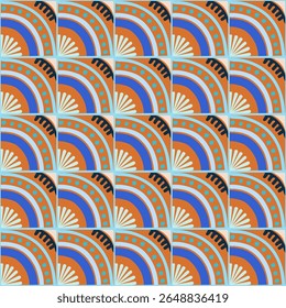 Colorful bauhaus-style abstract geometric pattern. Pop art illustration. op art wallpaper. Japanese Chinese, African, Moroccan pattern. Memphis style. Radius round azulejo, talavera, spanish tiles