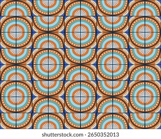 Colorful bauhaus-style abstract geometric pattern. Pop art illustration. op art wallpaper. Japanese Chinese, African, Moroccan pattern. Memphis style. Radius round azulejo, talavera, spanish tiles