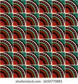 Colorful bauhaus-style abstract geometric pattern. Pop art illustration. op art wallpaper. Japanese Chinese, African, Moroccan pattern. Memphis style. Radius round azulejo, talavera, spanish tiles